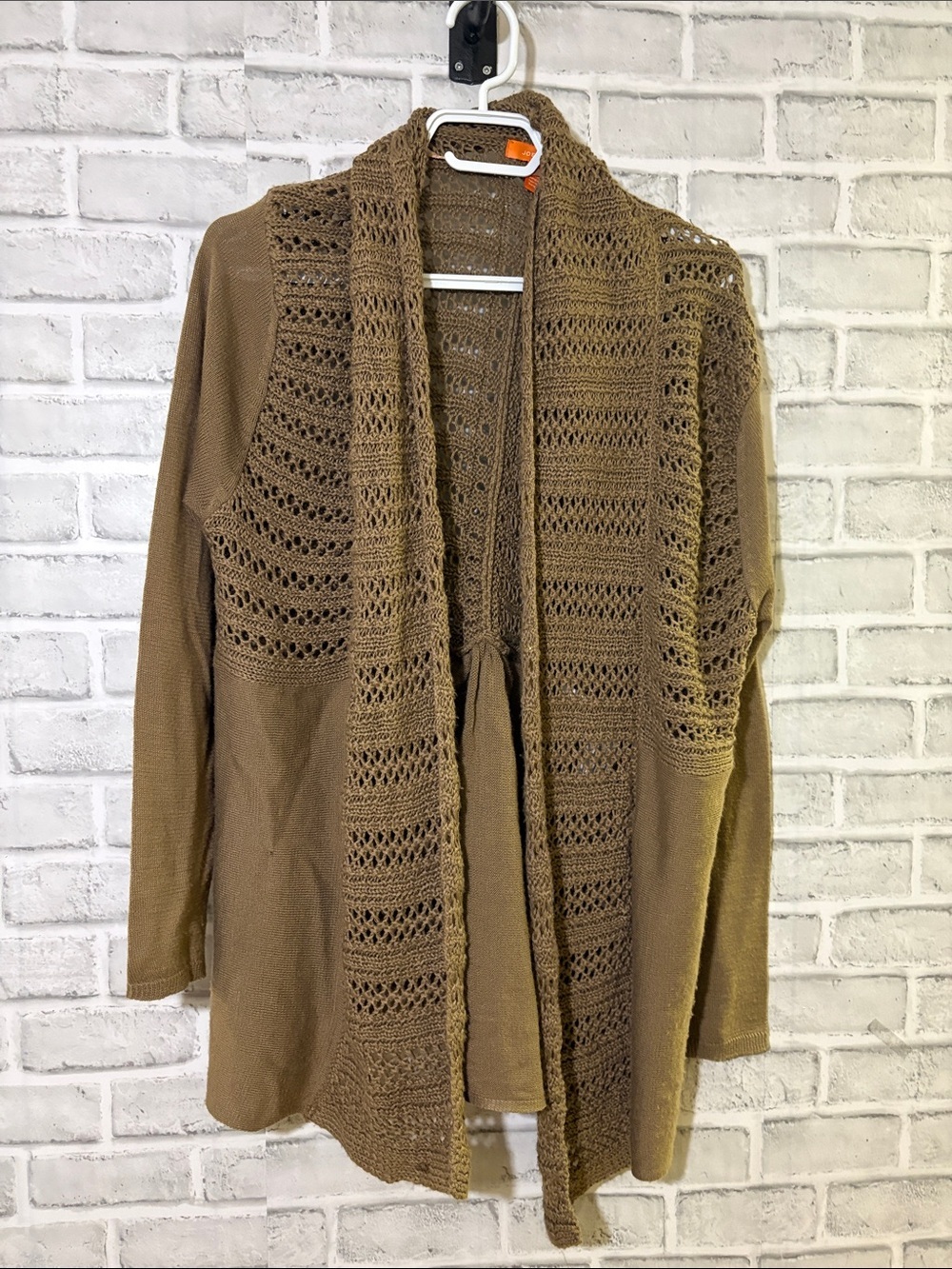 Joe Fresh Crochet Open-Front Long Cardigan Sweater - Brown, medium